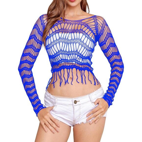 🆕 Women Blue Fishnet Crop Top Babydoll Chemise Lingerie Tassels Stretchy Nylon - Picture 1 of 6